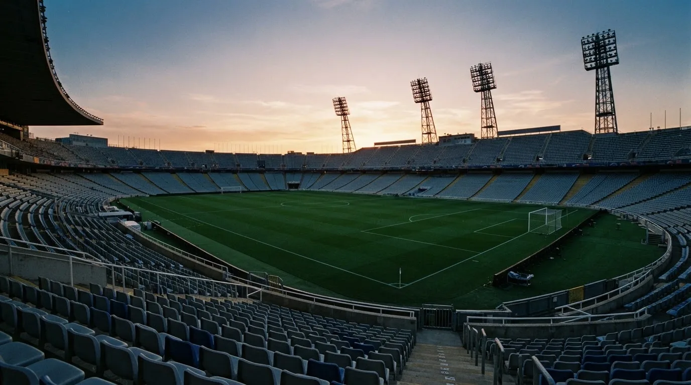 Un estadio de fútbol vacío con torres de iluminación al atardecer