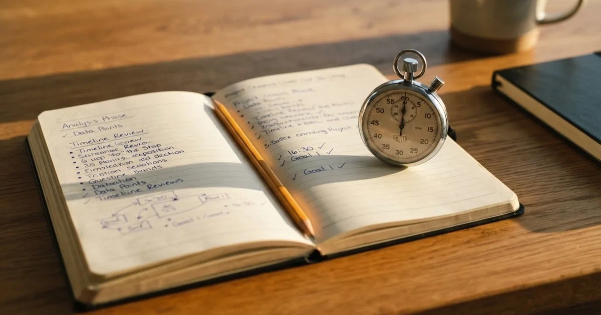 Un cuaderno abierto con un lápiz y un cronómetro sobre una mesa de madera