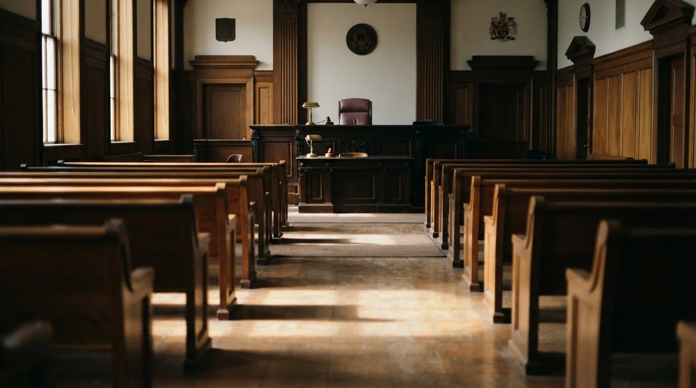 Una sala de tribunal vacía con bancos de madera a la luz de la mañana