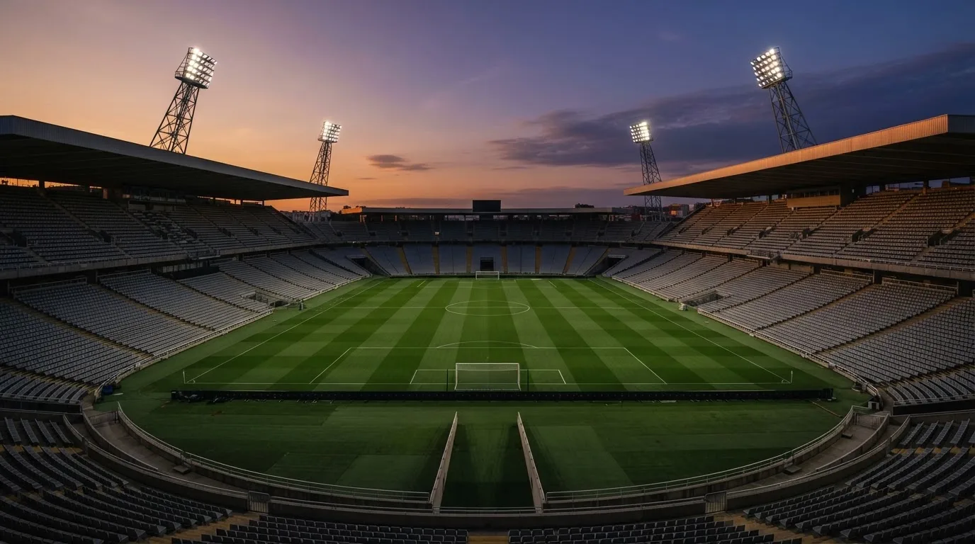 Un estadio de fútbol vacío con torres de iluminación al atardecer