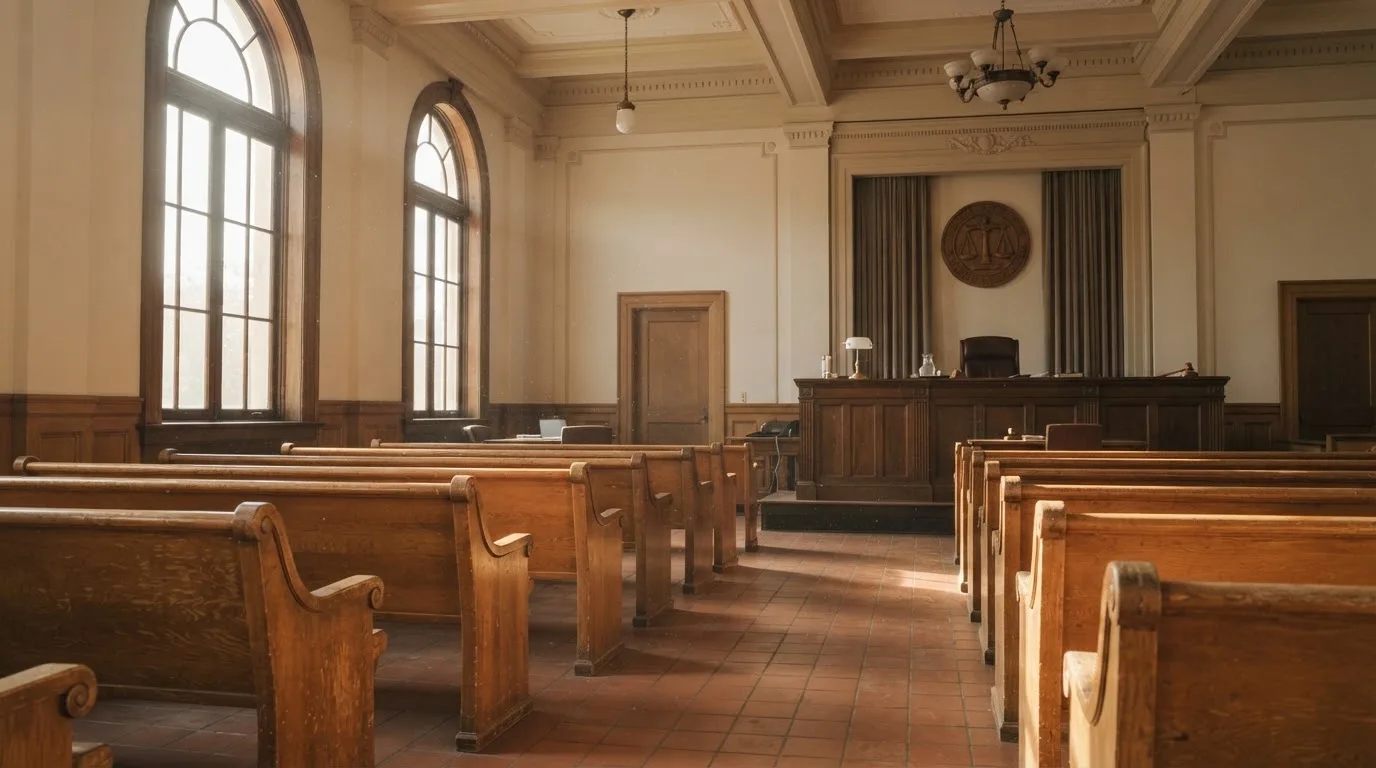 Una sala de tribunal vacía con bancos de madera a la luz de la mañana