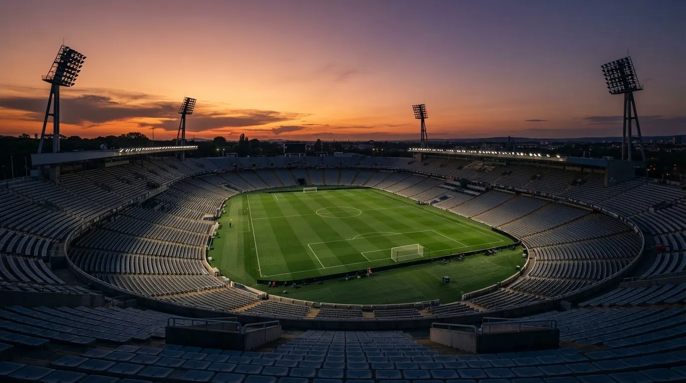 Un estadio de fútbol vacío con torres de iluminación al atardecer