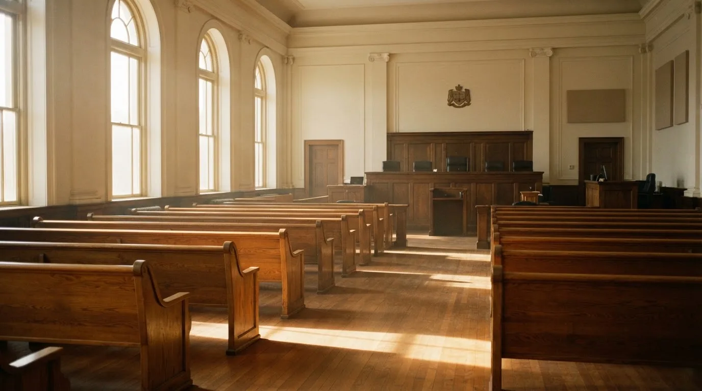 Una sala de tribunal vacía con bancos de madera a la luz de la mañana