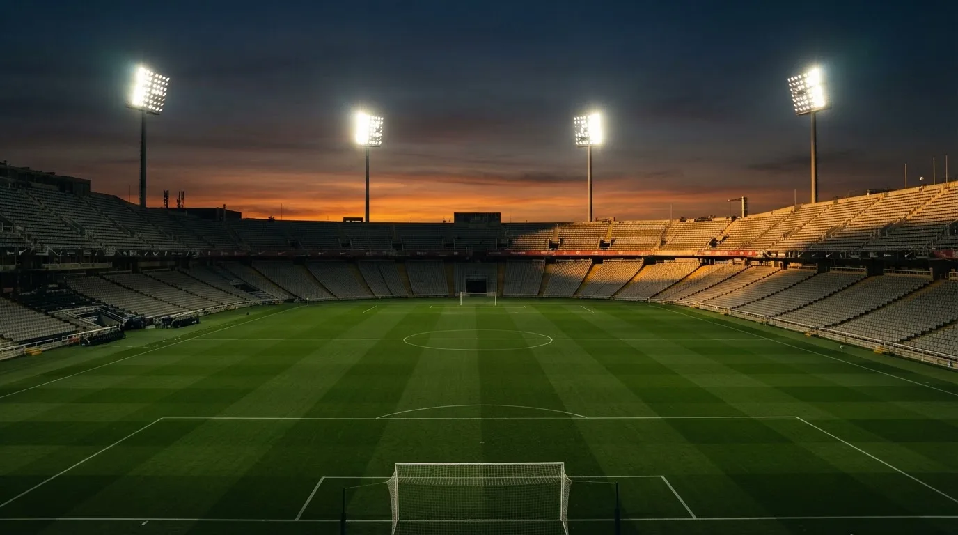 Un estadio de fútbol vacío con torres de iluminación al atardecer