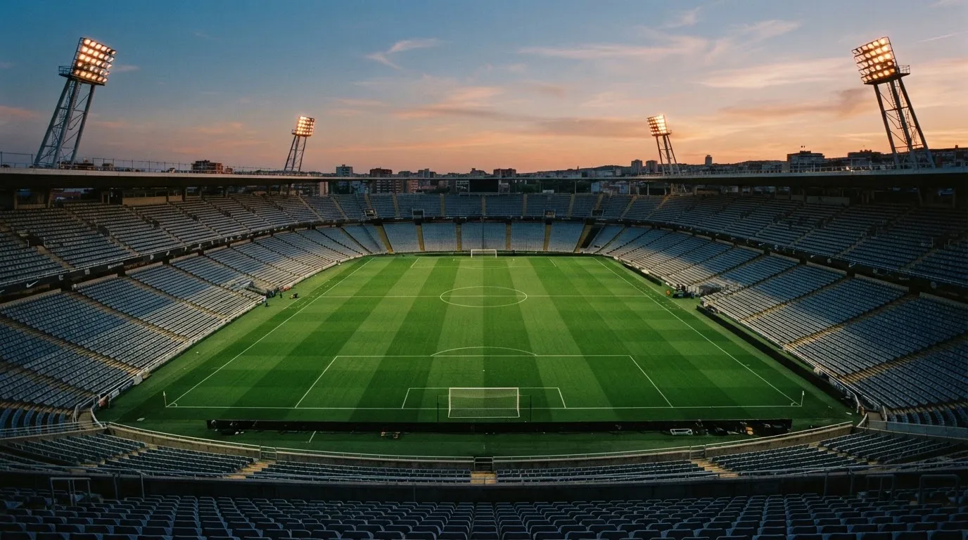 Un estadio de fútbol vacío con torres de iluminación al atardecer