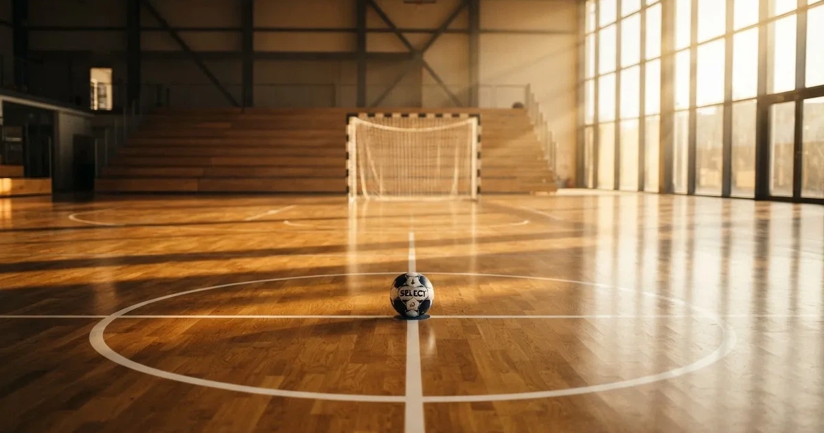 Un balón en el punto central de un campo de césped a la luz de la mañana