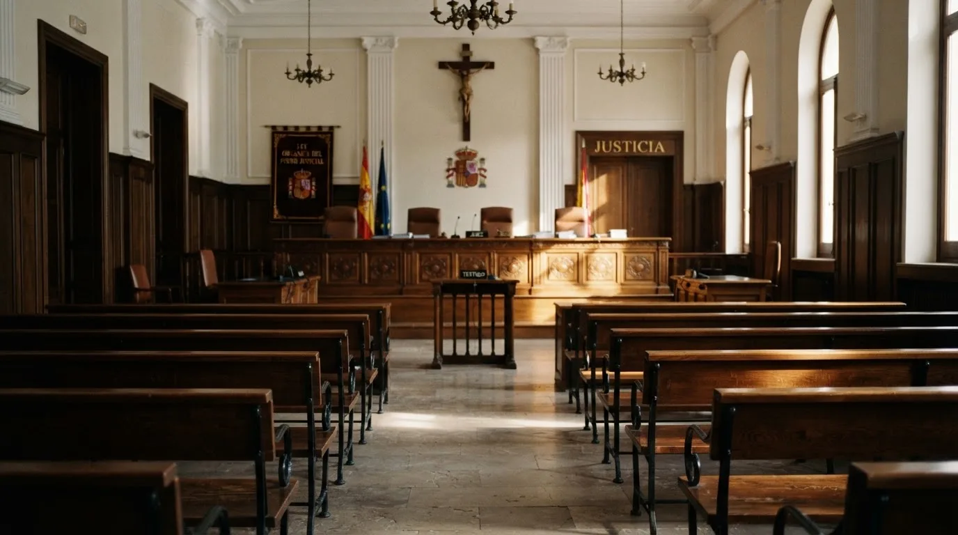 Una sala de tribunal vacía con bancos de madera a la luz de la mañana