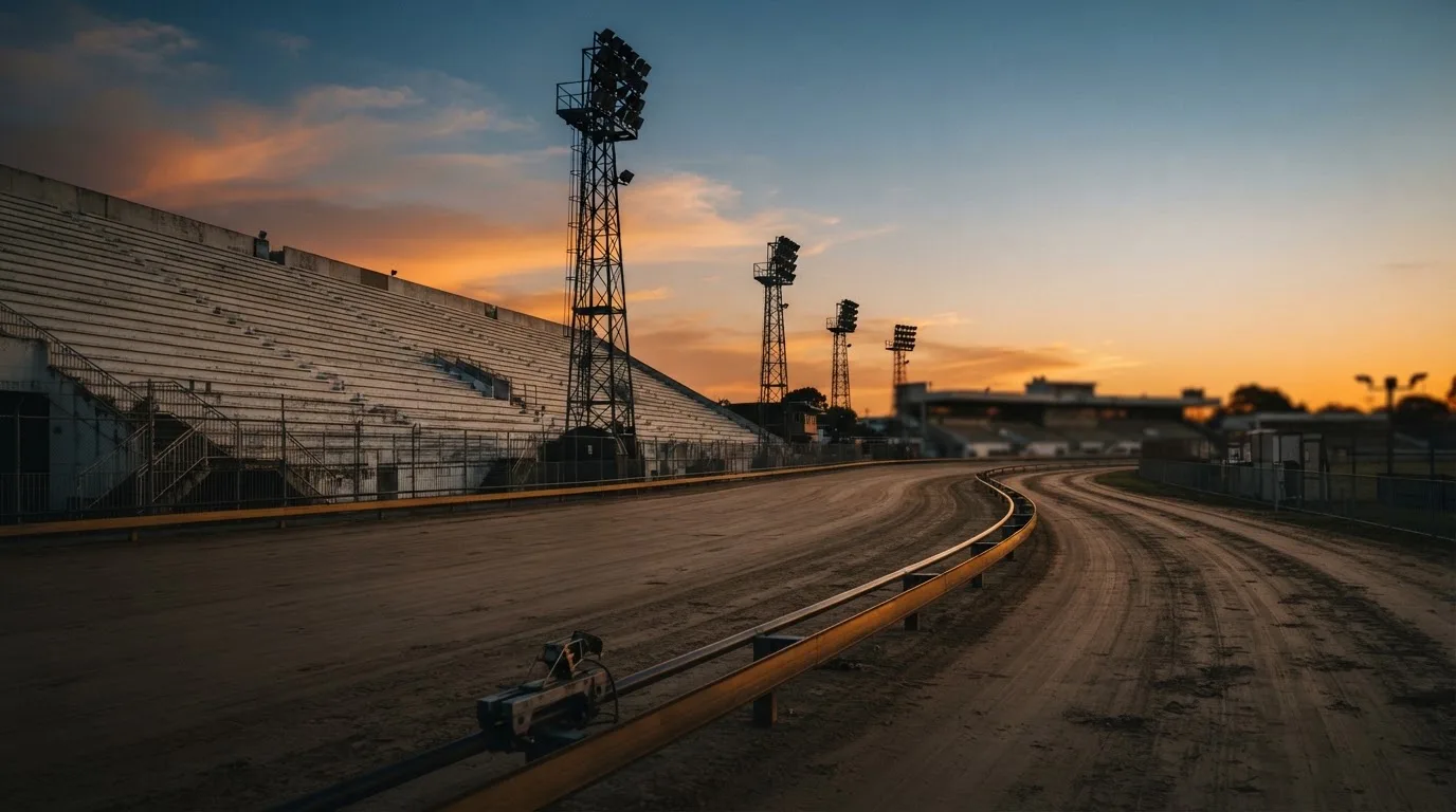 Un estadio de fútbol vacío con torres de iluminación al atardecer