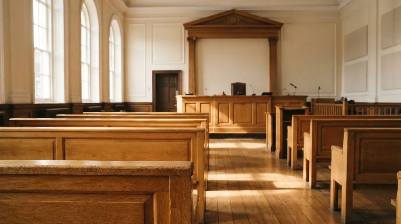 Una sala de tribunal vacía con bancos de madera a la luz de la mañana
