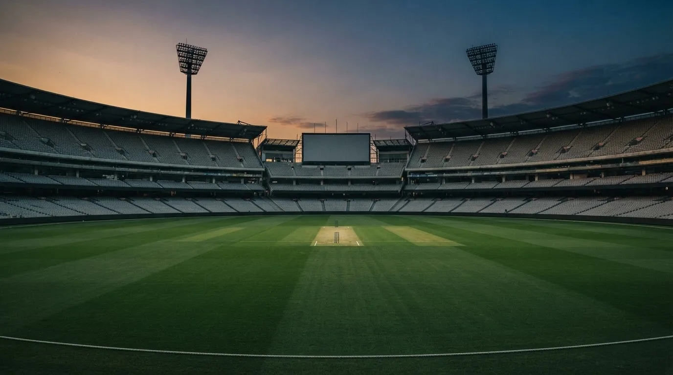 Un estadio de fútbol vacío con torres de iluminación al atardecer