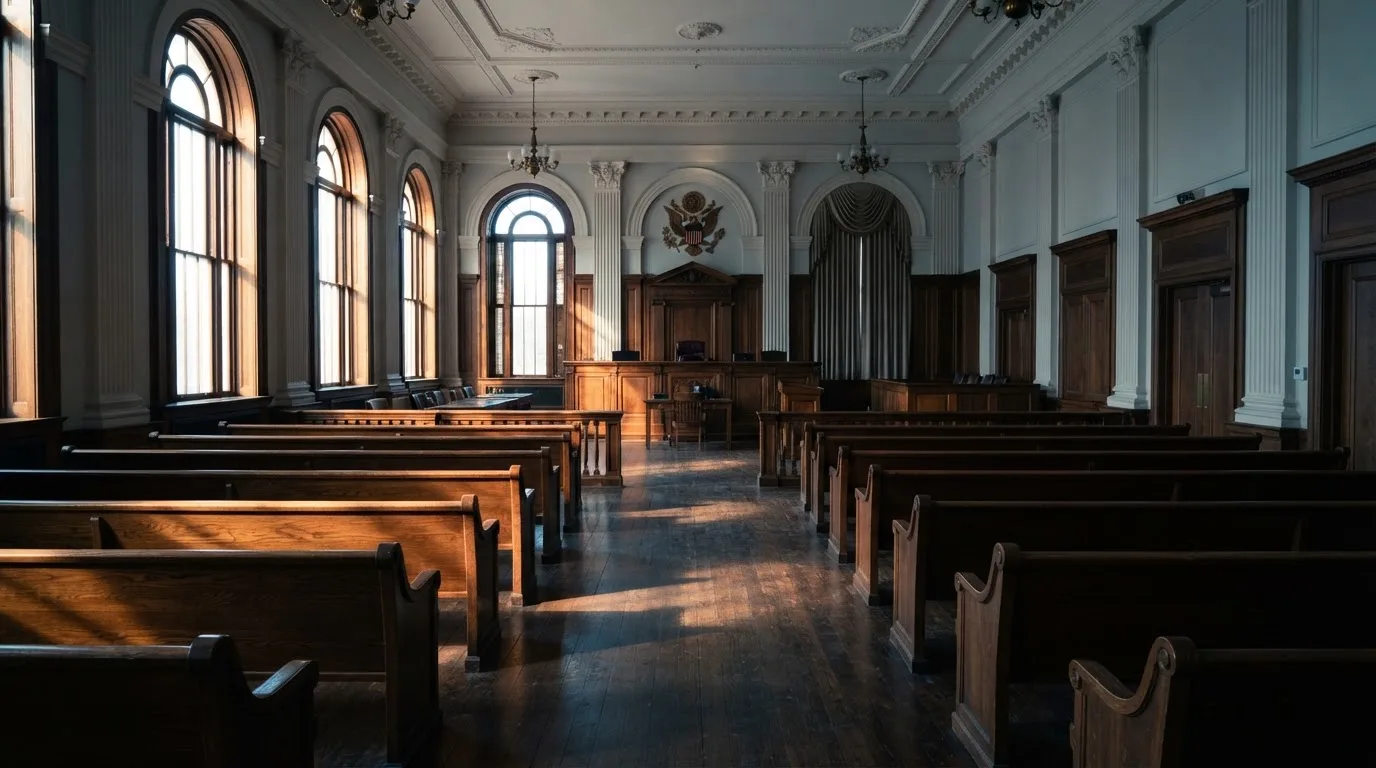 Una sala de tribunal vacía con bancos de madera a la luz de la mañana