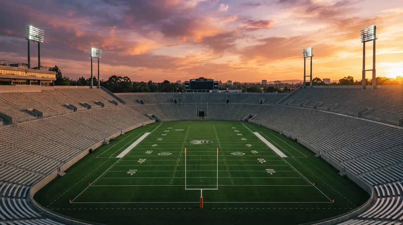 Un estadio de fútbol vacío con torres de iluminación al atardecer