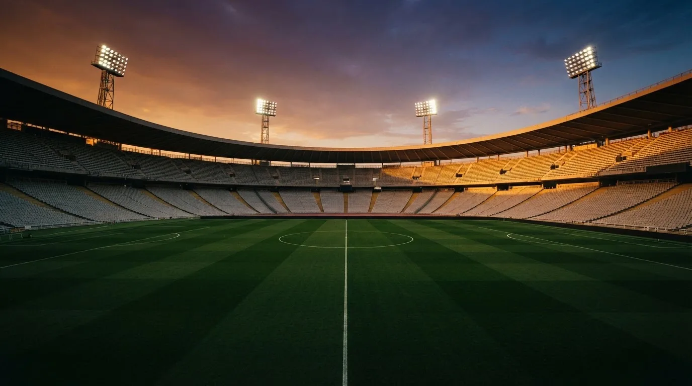 Un estadio de fútbol vacío con torres de iluminación al atardecer