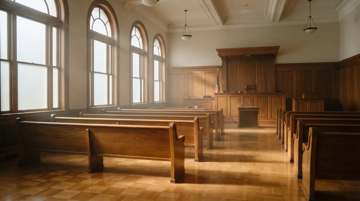 Una sala de tribunal vacía con bancos de madera a la luz de la mañana
