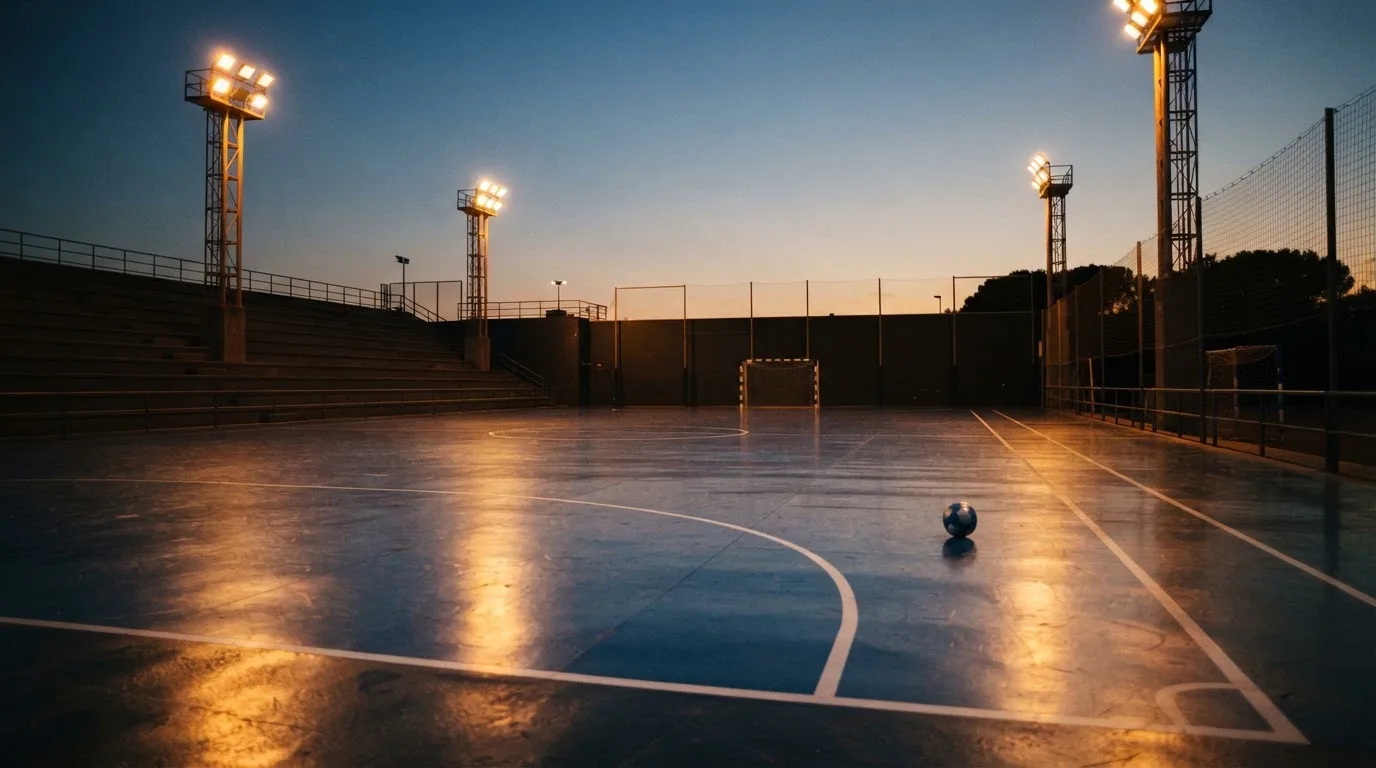 Un estadio de fútbol vacío con torres de iluminación al atardecer