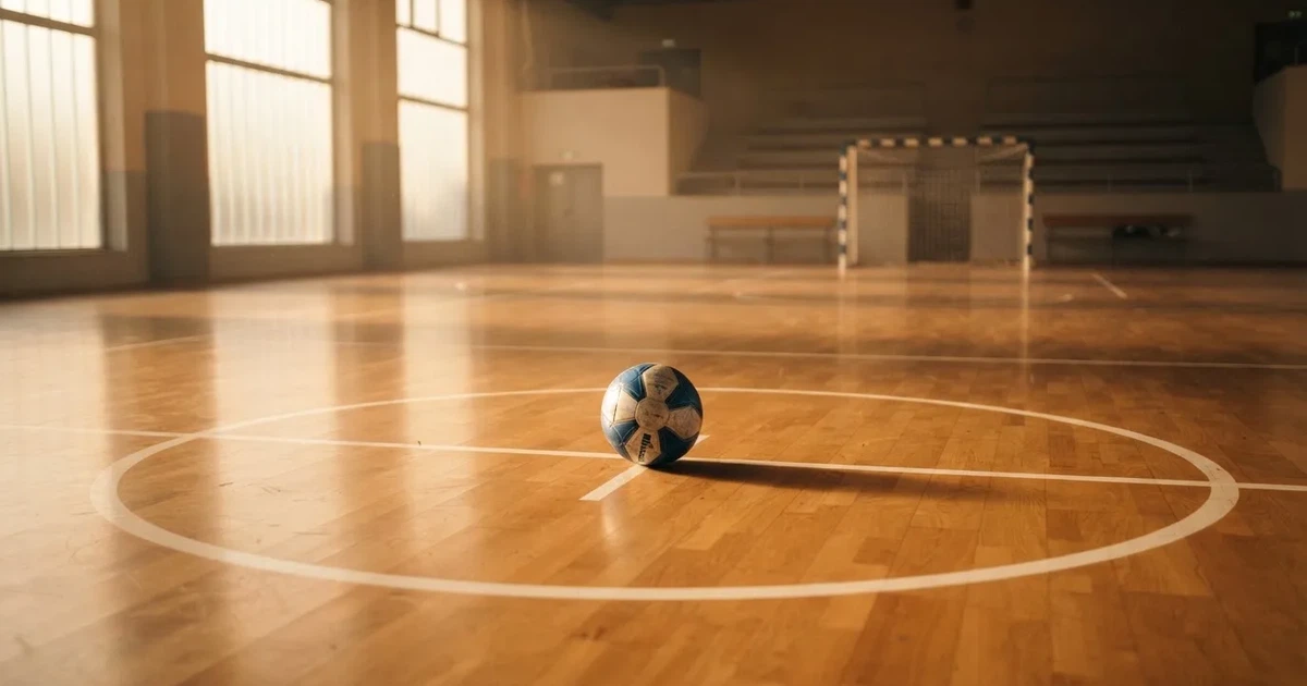 Un balón en el punto central de un campo de césped a la luz de la mañana