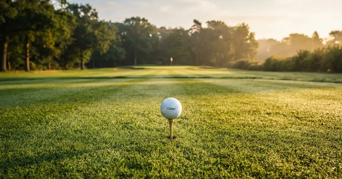 Un balón en el punto central de un campo de césped a la luz de la mañana