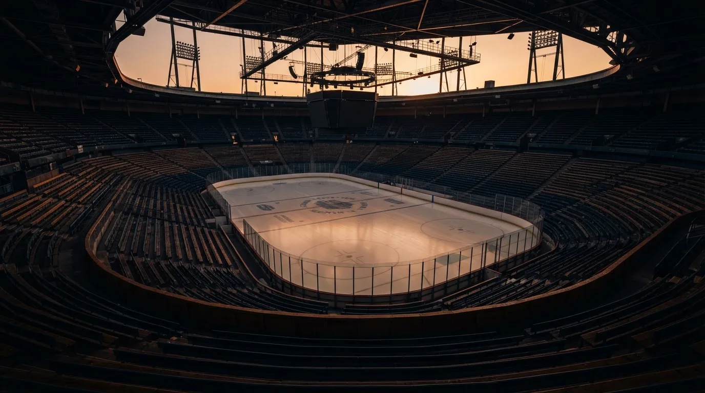 Un estadio de fútbol vacío con torres de iluminación al atardecer