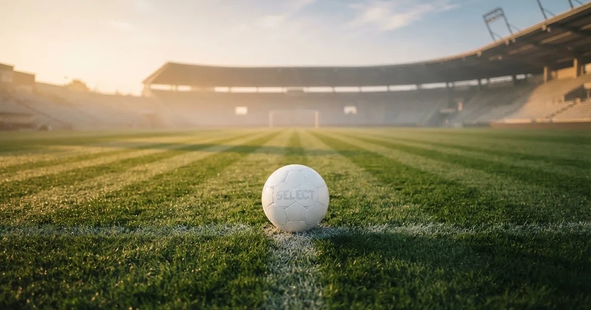 Un balón en el punto central de un campo de césped a la luz de la mañana