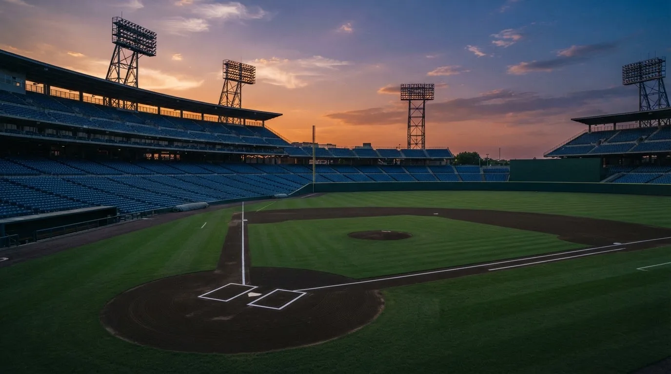 Un estadio de fútbol vacío con torres de iluminación al atardecer