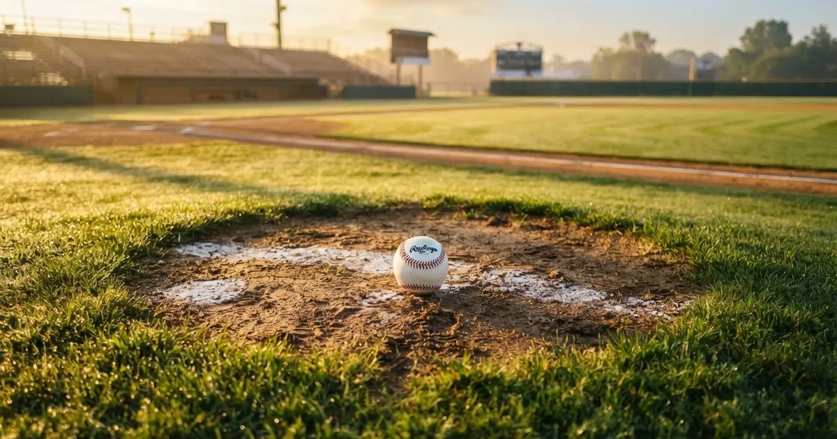 Un balón en el punto central de un campo de césped a la luz de la mañana