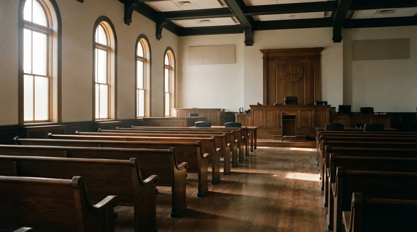 Una sala de tribunal vacía con bancos de madera a la luz de la mañana