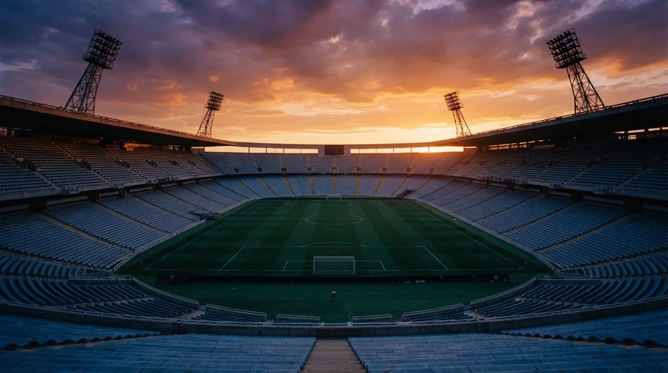 Un estadio de fútbol vacío con torres de iluminación al atardecer