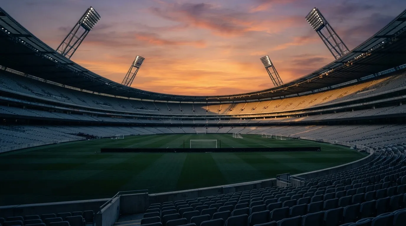 Un estadio de fútbol vacío con torres de iluminación al atardecer