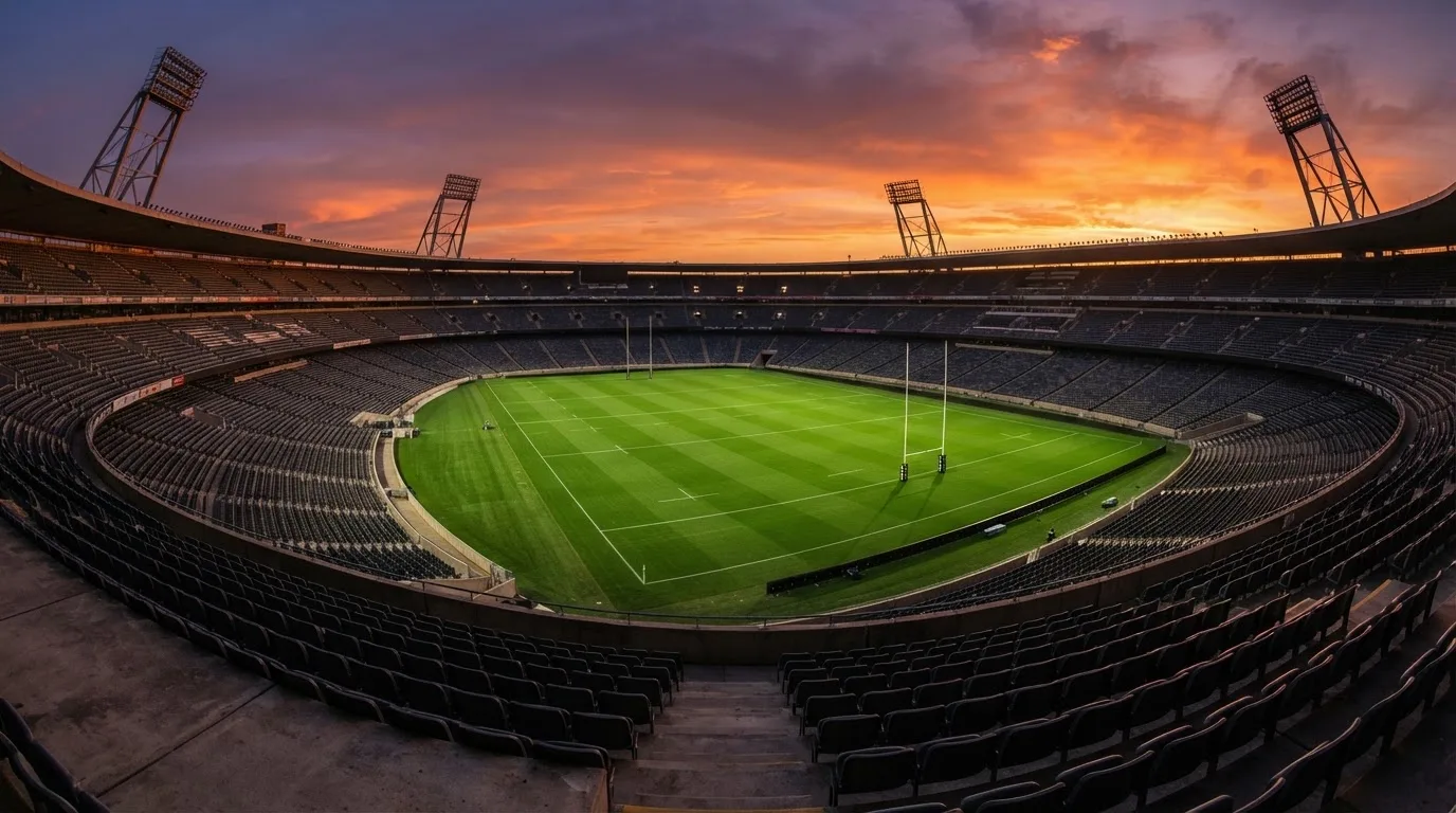 Un estadio de fútbol vacío con torres de iluminación al atardecer