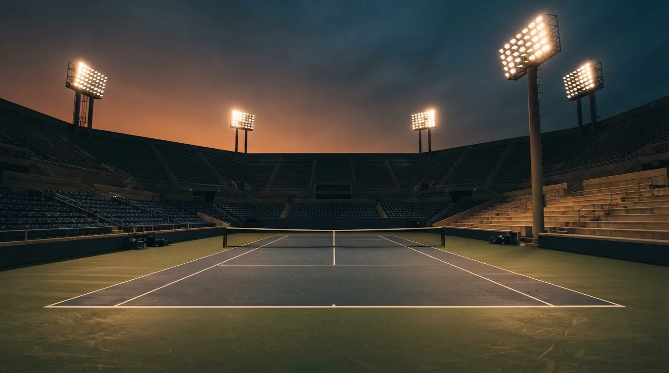 Un estadio de fútbol vacío con torres de iluminación al atardecer