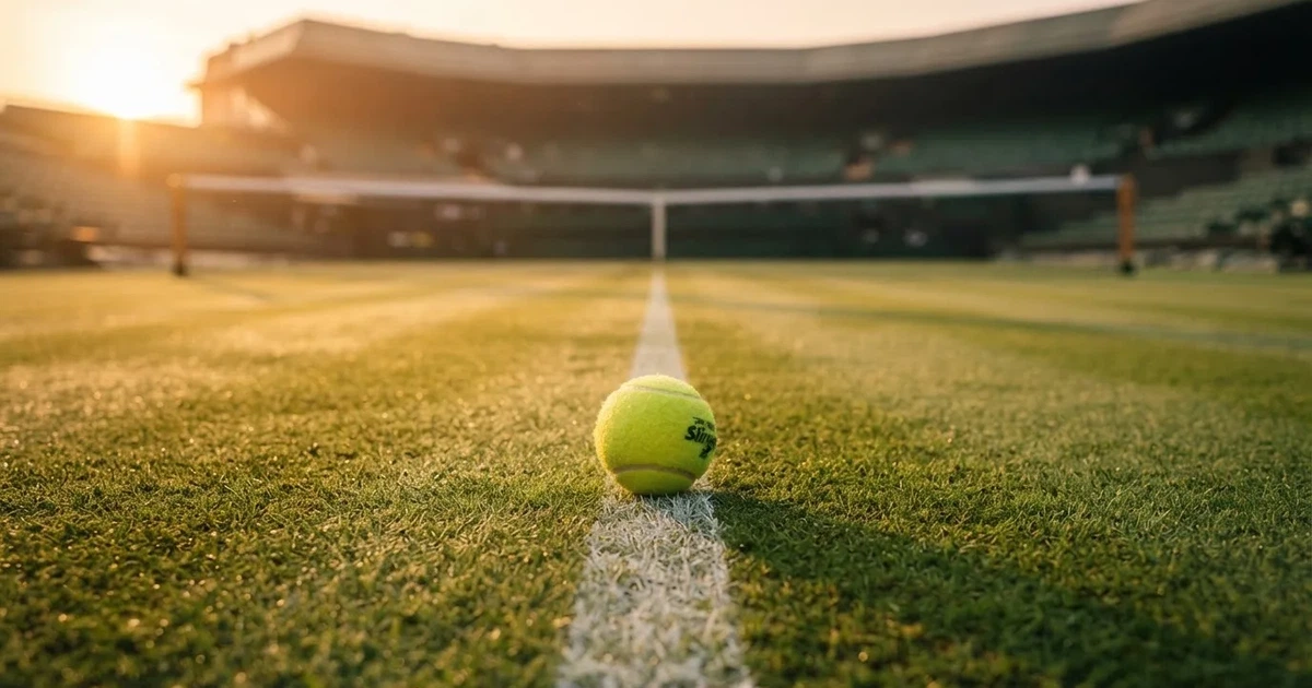 Un balón en el punto central de un campo de césped a la luz de la mañana