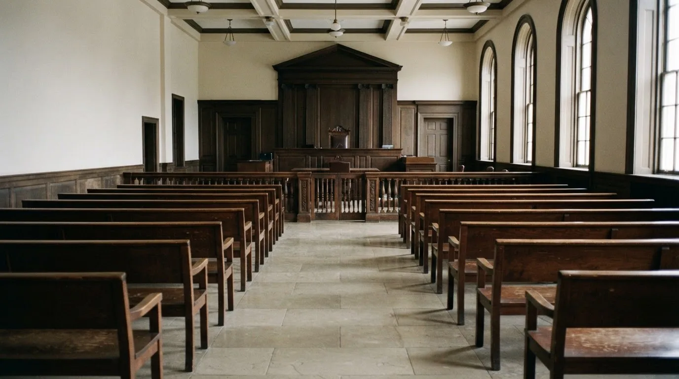 Una sala de tribunal vacía con bancos de madera a la luz de la mañana