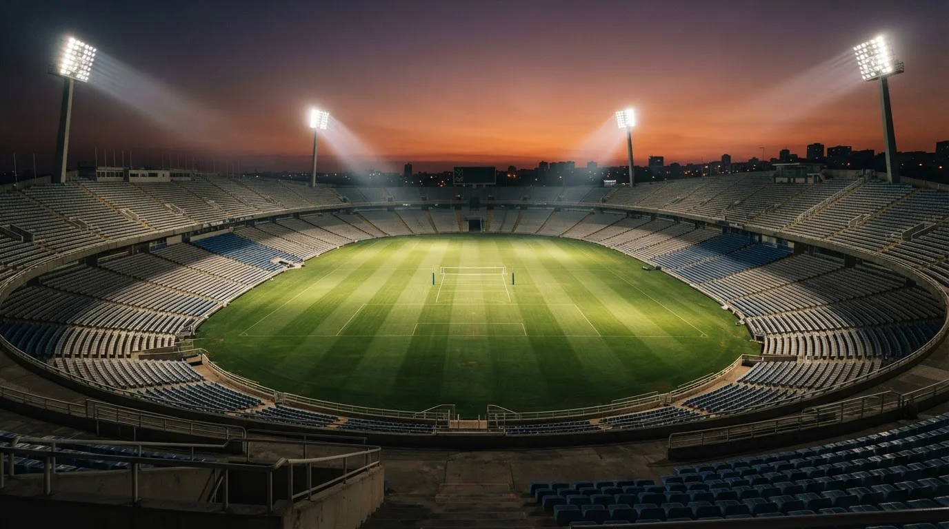 Un estadio de fútbol vacío con torres de iluminación al atardecer