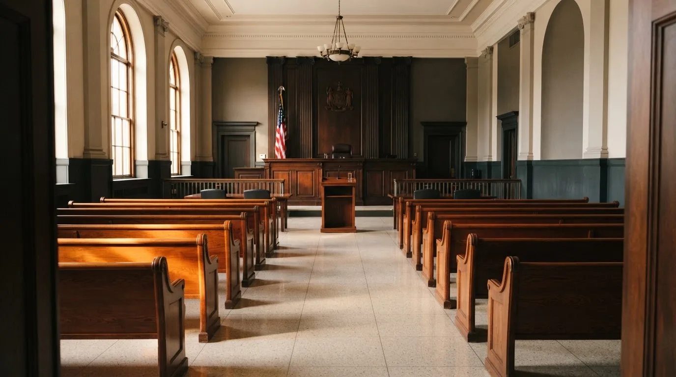 Una sala de tribunal vacía con bancos de madera a la luz de la mañana