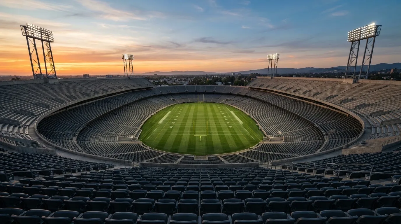Un estadio de fútbol vacío con torres de iluminación al atardecer