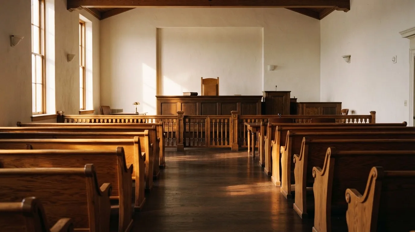 Una sala de tribunal vacía con bancos de madera a la luz de la mañana