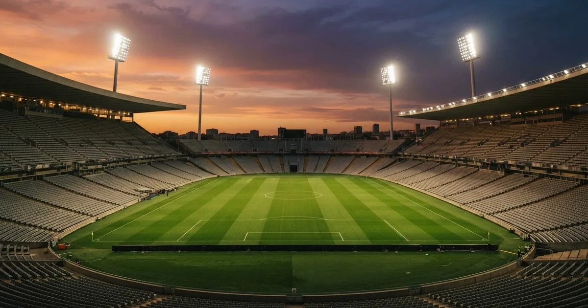 Un estadio de fútbol vacío con torres de iluminación al atardecer