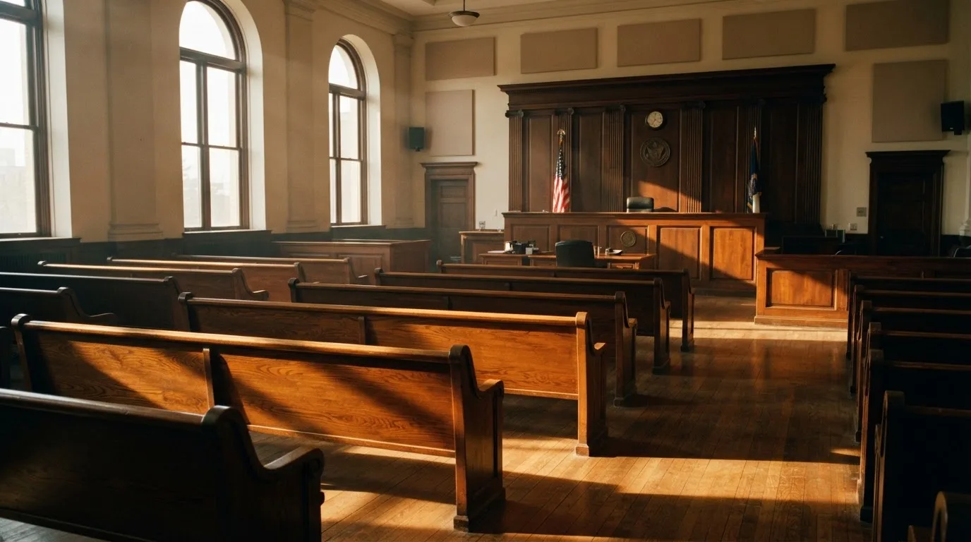 Una sala de tribunal vacía con bancos de madera a la luz de la mañana