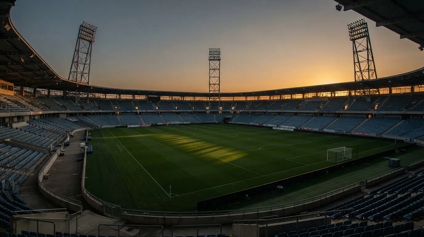 Un estadio de fútbol vacío con torres de iluminación al atardecer