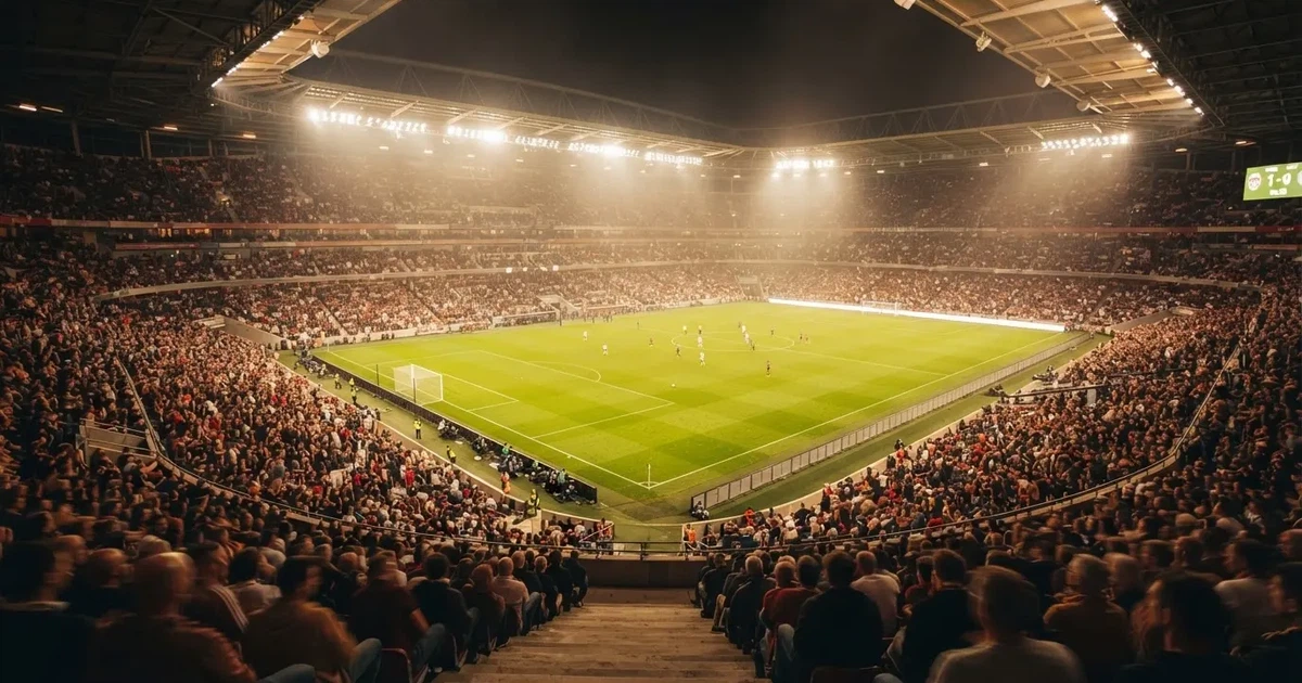 Un pabellón deportivo lleno bajo los focos, fotografiado desde muy lejos