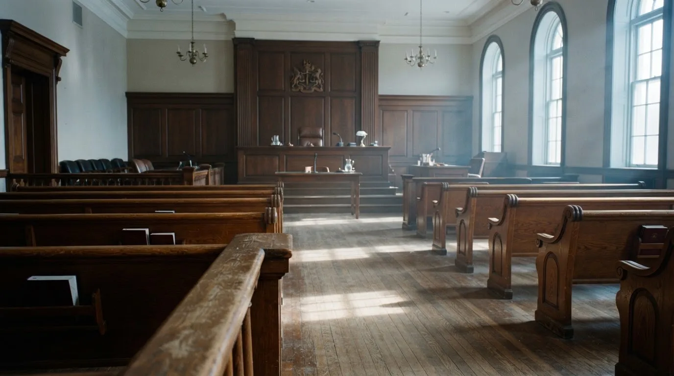 Una sala de tribunal vacía con bancos de madera a la luz de la mañana