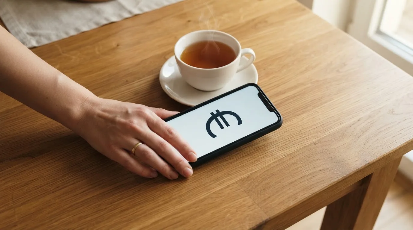 Una mano deja un móvil junto a una taza de té sobre la mesa de la cocina, una tarde tranquila