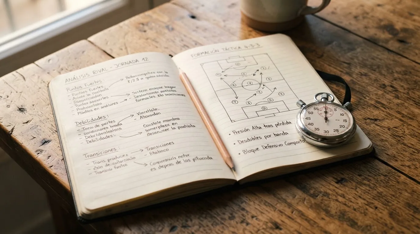 Un cuaderno abierto con un lápiz y un cronómetro sobre una mesa de madera