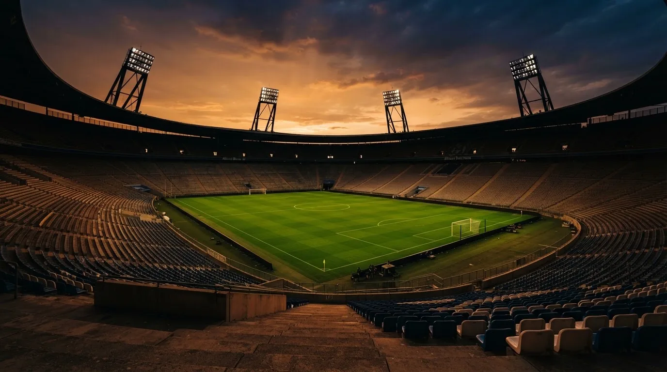 Un estadio de fútbol vacío con torres de iluminación al atardecer