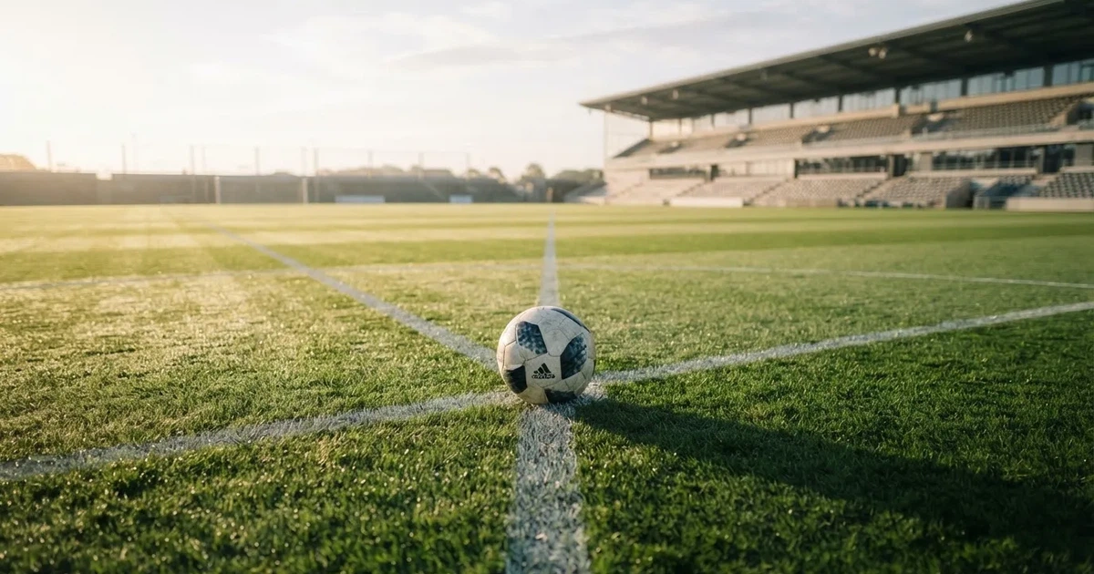 Un balón en el punto central de un campo de césped a la luz de la mañana