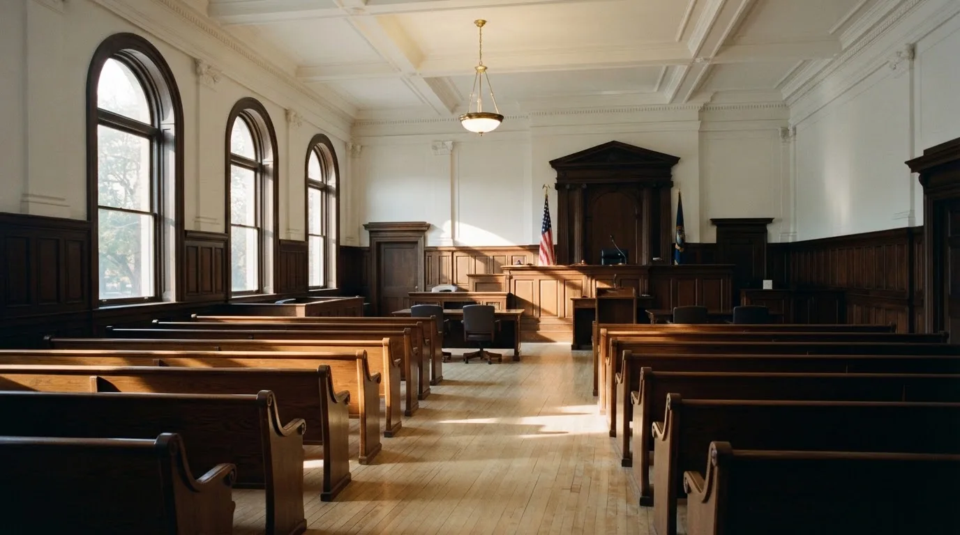 Una sala de tribunal vacía con bancos de madera a la luz de la mañana