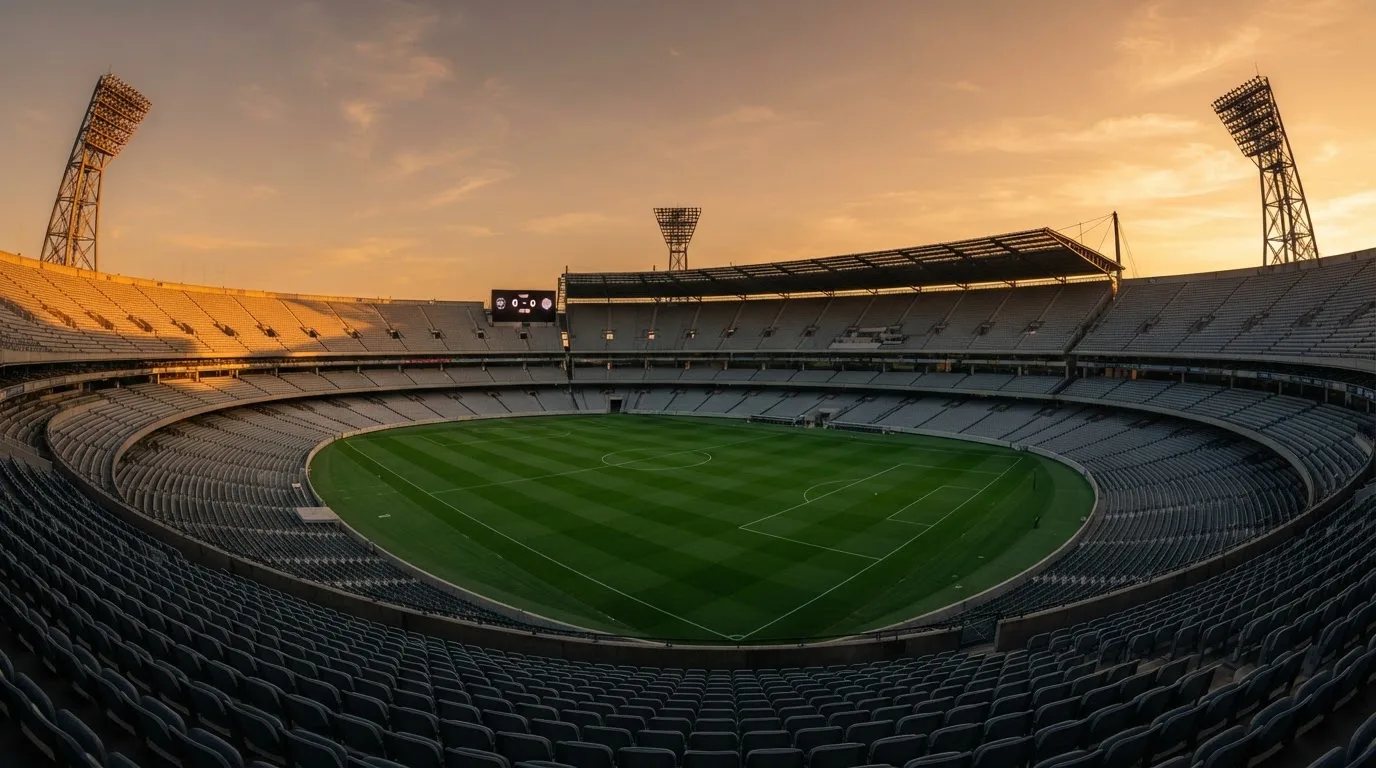 Un estadio de fútbol vacío con torres de iluminación al atardecer