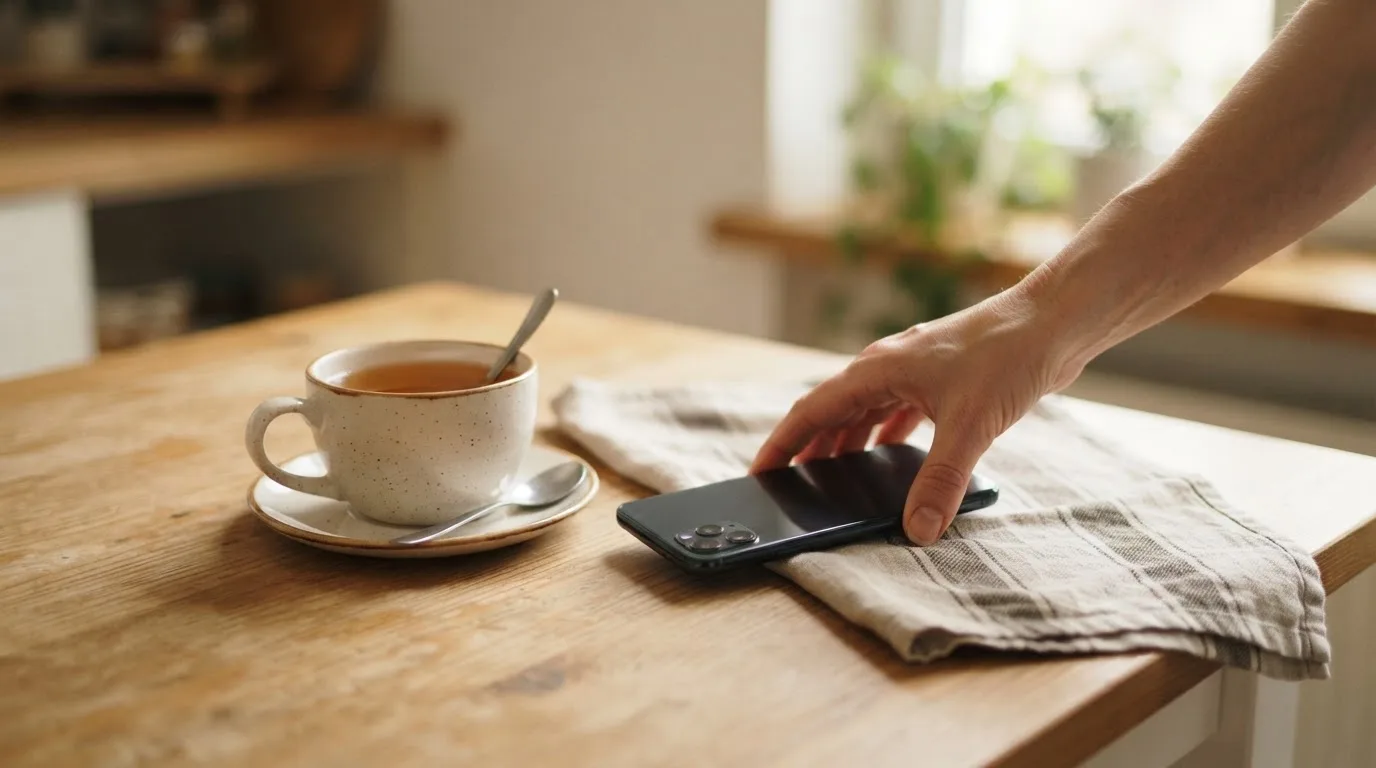 Una mano deja un móvil junto a una taza de té sobre la mesa de la cocina, una tarde tranquila