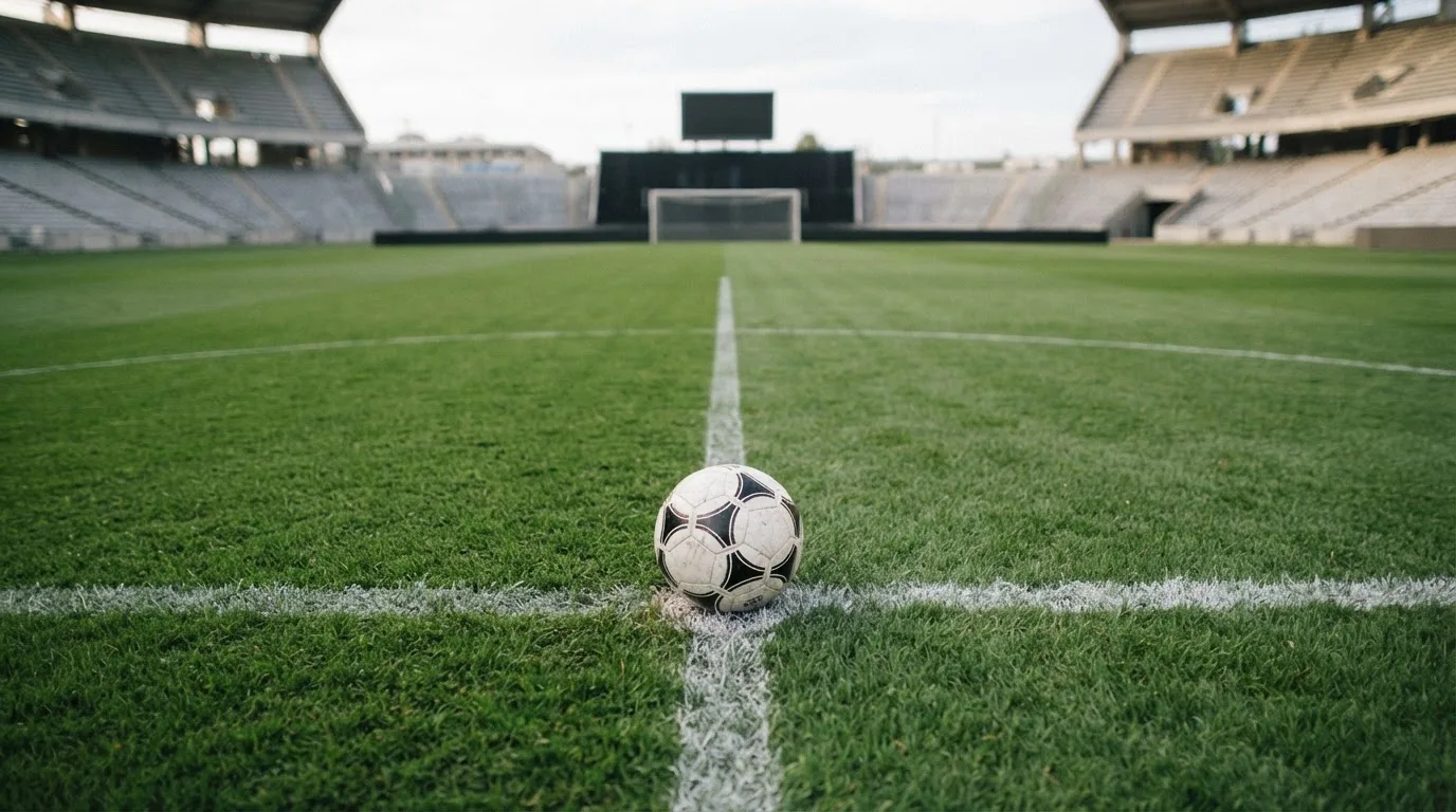 Un balón en el punto central de un campo de césped a la luz de la mañana