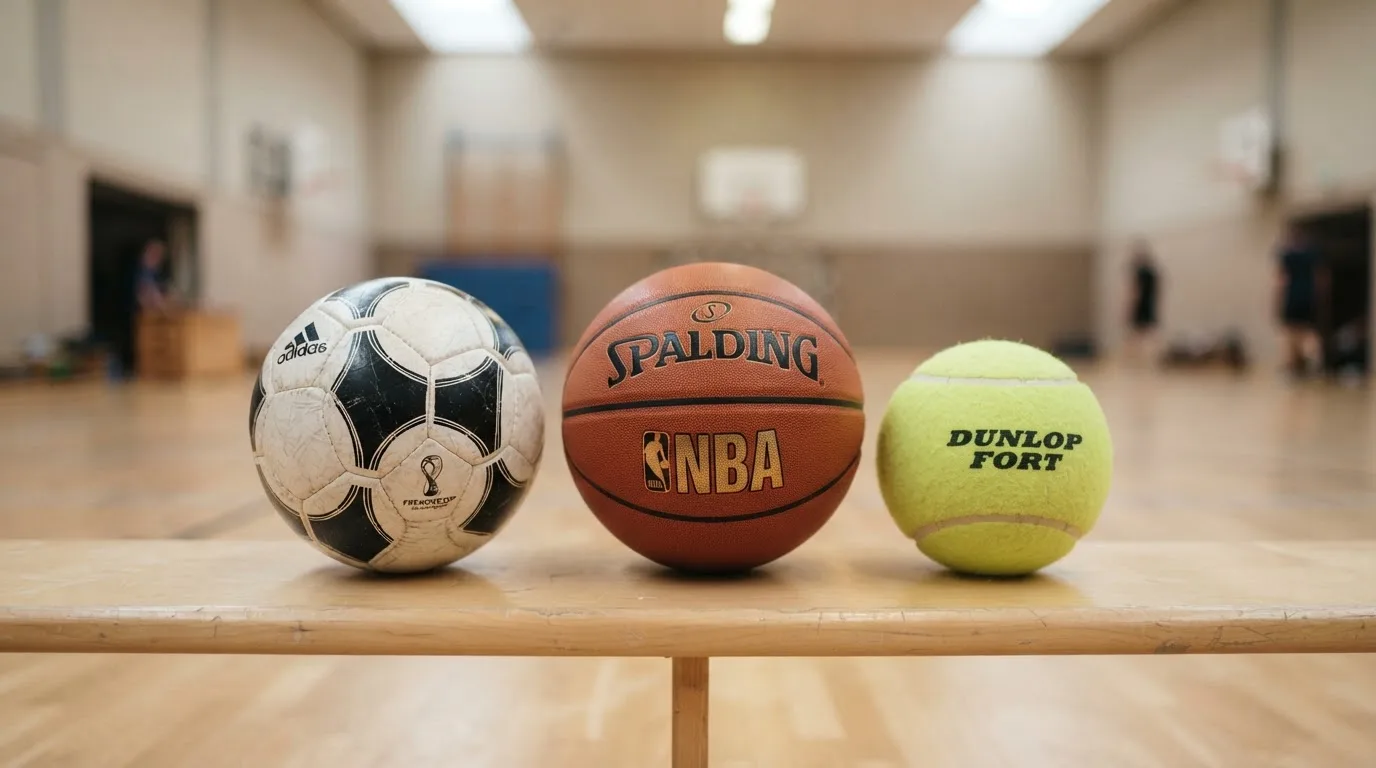 Tres balones de distintos tipos, uno junto a otro, sobre un banco de madera